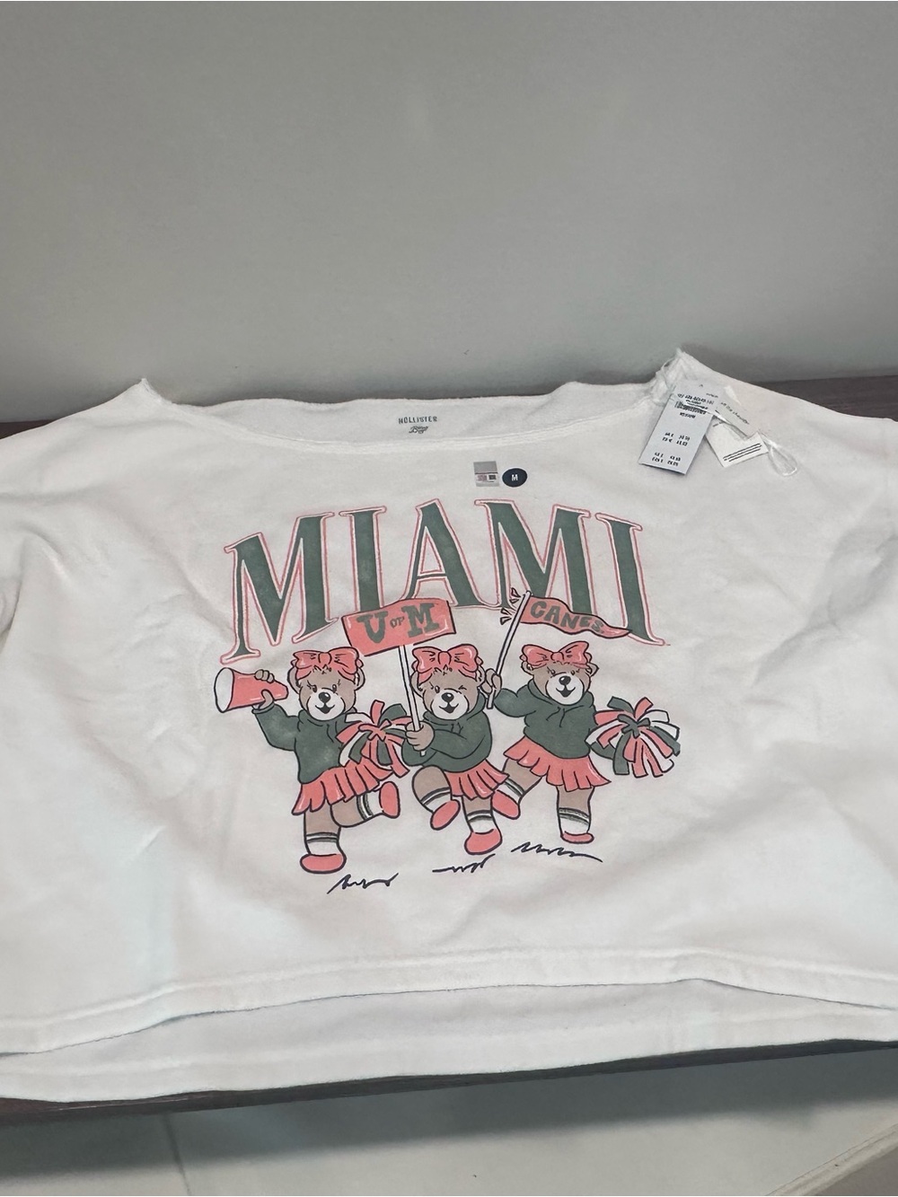 Hollister White Miami Graphic Cropped Sweatshirt with Pink & Green Print